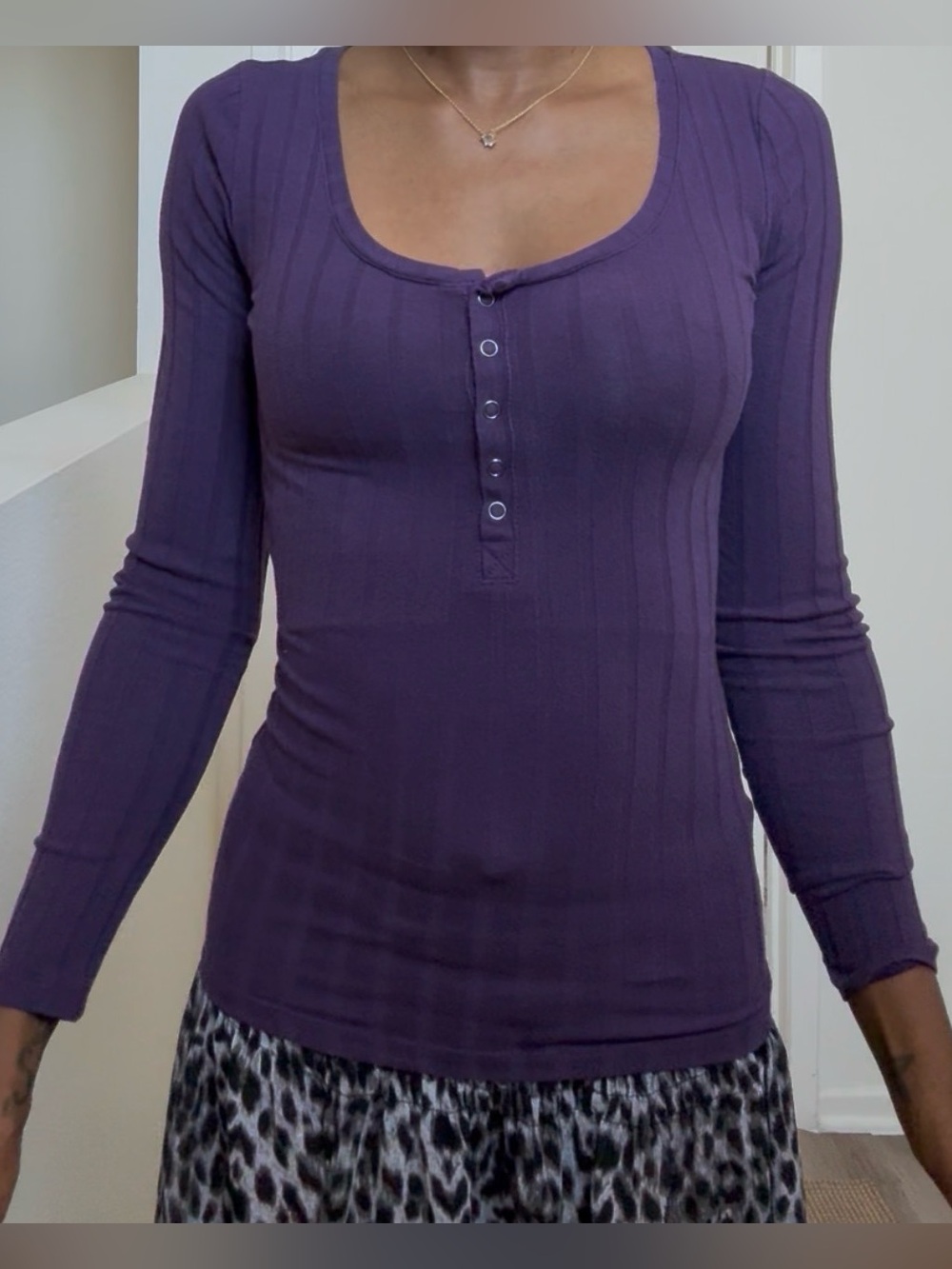 Purple Ribbed Long-Sleeve Henley Top